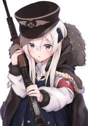 Rule 34 | 1girl, absurdres, armband, black ribbon, blue jacket, blush, bolt action, brown hat, brown jacket, collared shirt, cross, fur-trimmed jacket, fur trim, girls&#039; frontline, gun, hair between eyes, hair ribbon, hand up, hat, highres, holding, holding gun, holding weapon, iron cross, jacket, jacket on shoulders, kar98k (girls&#039; frontline), ky (ky990533), long hair, long sleeves, looking at viewer, mauser 98, military hat, name connection, object namesake, parted lips, peaked cap, red eyes, ribbon, rifle, shirt, simple background, solo, weapon, white background, white hair, white shirt