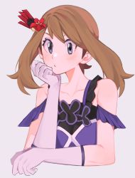 Rule 34 | 1girl, bare shoulders, blush, brown hair, closed mouth, collarbone, commentary, creatures (company), dress, eyelashes, flower, game freak, gloves, grey eyes, hair flower, hair ornament, hand up, head rest, highres, long hair, looking at viewer, may (anniversary 2022) (pokemon), may (pokemon), mei (manjunii), nintendo, official alternate costume, pokemon, pokemon masters ex, purple dress, red flower, simple background, solo, upper body, white background, white gloves