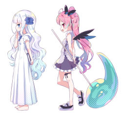 Rule 34 | 2girls, ahoge, amimi, aqua eyes, arms behind back, barefoot, black bow, black wings, blue bow, book, bow, child, dress, dress bow, facing to the side, frilled dress, frilled sleeves, frills, hair bow, halftone, hand on own chin, heel up, holding, holding book, holding stick, light blush, long dress, long hair, looking at viewer, multicolored hair, multiple girls, one side up, original, pink hair, profile, purple bow, red eyes, short sleeves, simple background, standing, stick, streaked hair, wavy hair, white background, white dress, white hair, wings
