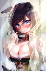 Rule 34 | 1girl, animal ears, black hair, blue eyes, blush, bodice, breasts, choker, cleavage, curtains, detached sleeves, dirndl, ear scrunchie, eishin flash (umamusume), frilled sleeves, frills, fujimoto setsuna, german clothes, highres, horse ears, horse girl, horse tail, large breasts, looking at viewer, red choker, scrunchie, short hair, solo, tail, umamusume, white scrunchie, wide sleeves