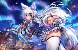 Rule 34 | 1girl, :d, animal ears, aurora, bear, blue eyes, bt-42, building, castle, fang, finnish flag, flag, hair between eyes, highres, holding, holding flag, holding microphone, indie virtual youtuber, long hair, long sleeves, looking at viewer, lumi (merryweather), microphone, military, military vehicle, minster (dooke), motor vehicle, music, night, night sky, open mouth, outstretched hand, santa claus, singing, skirt, sky, smile, star (sky), star (symbol), starry sky, tank, thighhighs, virtual youtuber, white hair, wolf ears, wolf girl