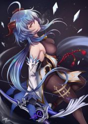 Rule 34 | 1girl, artist name, black gloves, blue hair, bow (weapon), breasts, caiman pool, cowbell, detached sleeves, from side, ganyu (genshin impact), genshin impact, gloves, holding, holding bow (weapon), holding weapon, horns, long hair, making-of available, medium breasts, mixed-language commentary, pantyhose, sideboob, skin tight, solo, taut clothes, weapon