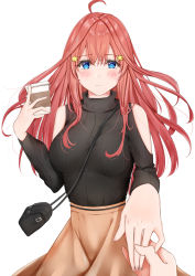 Rule 34 | 1girl, absurdres, ahoge, bag, bare shoulders, between breasts, black shirt, blue eyes, blurry, blush, border, breasts, brown skirt, closed mouth, clothing cutout, coffee, coffee cup, cowboy shot, cup, disposable cup, eyes visible through hair, fingernails, go-toubun no hanayome, hair ornament, hand up, highres, holding, holding cup, holding hands, large breasts, long hair, looking at viewer, medium breasts, nakano itsuki, open mouth, outstretched arm, reaching, reaching towards viewer, red hair, shirt, shoulder bag, shoulder cutout, simple background, skirt, solo focus, star (symbol), star hair ornament, sweater, turtleneck, turtleneck sweater, uiri-na, white background