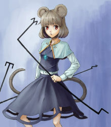 Rule 34 | 1girl, akitu kouta, animal ears, capelet, female focus, grey hair, jewelry, mouse ears, mouse tail, nazrin, pendant, red eyes, short hair, solo, standing, tail, touhou