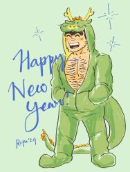 Rule 34 | 1boy, ^ ^, animal costume, bara, black hair, blush, chinese zodiac, closed eyes, dragon costume, facial hair, full body, goatee stubble, hairy, happy, happy new year, huge eyebrows, kochikame, male focus, mature male, mustache stubble, new year, pectoral cleavage, pectorals, ropa (kaoliang baijiu), ryoutsu kankichi, short hair, sideburns, sparkle background, standing, stubble, unibrow, year of the dragon