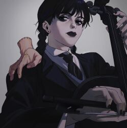 Rule 34 | 1girl, 1other, addams family, black eyes, black jacket, black lips, black nails, black necktie, bow (music), braid, cello, collared shirt, disembodied hand, eyeshadow, formal, goth fashion, highres, instrument, jacket, looking at viewer, makeup, music, na yeon, nail polish, necktie, nevermore academy school uniform, playing instrument, school uniform, shirt, stitches, thing (addams family), twin braids, upper body, wednesday (netflix), wednesday addams, white shirt