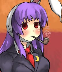 Rule 34 | bandages, bandaged head, bandages, blazer, crescent, crescent pin, empty eyes, fine art parody, gaoo (frpjx283), highres, jacket, missing ear, necktie, parody, smoking pipe, pipe in mouth, portrait, purple hair, red eyes, reisen udongein inaba, smoking, touhou, vincent van gogh
