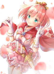 Rule 34 | 1girl, alternate costume, aqua eyes, belt, blurry, bow, breasts, buttons, cape, closed mouth, cosplay, falling petals, frilled skirt, frills, gloves, hirokazu (analysis-depth), look-alike, medium breasts, petals, pink bow, pink hair, princess connect!, red cape, skirt, smile, solo, sword, weapon, white background, white gloves, yui (princess connect!)