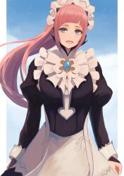 Rule 34 | 1girl, :d, arms at sides, blue eyes, blue gemstone, brooch, felicia (fire emblem), fire emblem, fire emblem fates, gem, highres, jewelry, juliet sleeves, labebebe lee, long hair, long sleeves, maid, maid headdress, nintendo, open mouth, pink hair, puffy sleeves, ribbon, sleeve cuffs, smile, solo, white ribbon