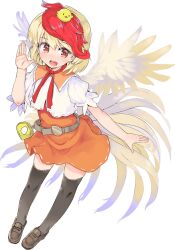 1girl :d animal animal_on_head belt bird bird_tail black_thighhighs blonde_hair brown_belt brown_shoes chick feathered_wings full_body game_cg hakurei_frontier_spell_strive hand_up loafers looking_at_viewer miniskirt multicolored_hair niwatari_kutaka official_art on_head open_mouth orange_skirt puffy_short_sleeves puffy_sleeves puuakachan red_eyes red_hair shirt shoes short_hair short_sleeves skirt smile solo tail thighhighs third-party_source touhou transparent_background two-tone_hair white_shirt wings yellow_wings zettai_ryouiki