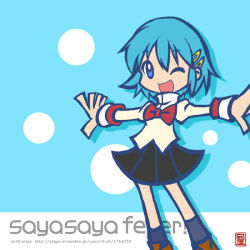 Rule 34 | 1girl, ;d, ani (aniya), blue background, blue eyes, blue hair, blue socks, bow, bowtie, hair ornament, hairpin, kens0115, kneehighs, loafers, looking at viewer, mahou shoujo madoka magica, mahou shoujo madoka magica (anime), matching hair/eyes, miki sayaka, one eye closed, open mouth, outstretched arms, parody, puyopuyo, puyopuyo fever, red bow, red bowtie, ribbon, school uniform, shoes, short hair, skirt, smile, socks, solo, standing, style parody, wink