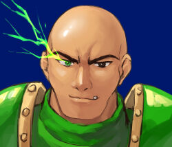 Rule 34 | 1boy, armor, bald, blue background, closed mouth, determined, dolph (fire emblem), fire emblem, fire emblem: mystery of the emblem, fire emblem: shadow dragon, flaming eye, green armor, hazuki (nyorosuke), heterochromia, highres, light smile, looking at viewer, male focus, nintendo, portrait, single tooth