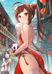 Rule 34 | 2girls, :d, ^ ^, ahoge, architecture, ass, azur lane, backless dress, backless outfit, baozi, bare shoulders, black hair, black legwear, blue sky, blush stickers, breasts, brown hair, building, cleavage, cleavage cutout, closed eyes, closed mouth, clothing cutout, commentary request, day, diagonal bangs, dress, east asian architecture, food, from side, fur collar, hair rings, happy, highres, holding, holding food, lantern, large breasts, looking at viewer, looking to the side, manjuu (azur lane), multiple girls, ning hai (azur lane), open mouth, outdoors, paper lantern, pelvic curtain, ping hai (azur lane), purple dress, red dress, red eyes, sky, sleeveless, sleeveless dress, small breasts, smile, stuffed animal, stuffed panda, stuffed toy, tassel, thighhighs, thighs, white legwear, yuko (uc yuk)
