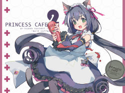 Rule 34 | 1girl, alternate costume, animal ear fluff, animal ears, apron, black hair, black pantyhose, blush, bottle, cat ears, cat girl, cat tail, commentary request, copyright name, detached sleeves, dress, enmaided, fang, green eyes, hair between eyes, holding, holding bottle, karyl (princess connect!), ketchup, long hair, long sleeves, looking at viewer, low twintails, maid, multicolored hair, open mouth, pantyhose, princess connect!, purple dress, purple sleeves, shadowsinking, solo, streaked hair, tail, twintails, very long hair, white apron, white hair