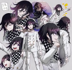 Rule 34 | 1boy, :d, aoki (fumomo), arm at side, arm up, black cape, black hair, black headwear, buttons, cape, checkered background, checkered clothes, checkered neckwear, checkered scarf, commentary request, danganronpa (series), danganronpa v3: killing harmony, double-breasted, evil grin, evil smile, feet out of frame, grey background, grin, hair between eyes, holding, holding sack, jacket, long sleeves, looking at viewer, male focus, multiple views, notice lines, open mouth, oma kokichi, pale skin, pants, pointing, purple eyes, purple hair, sack, scarf, shaded face, short hair, simple background, smile, straitjacket, teeth, translation request, upper teeth only, white pants