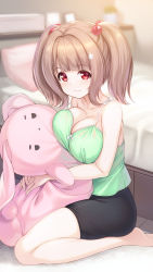 Rule 34 | 1girl, :3, bare arms, bare shoulders, barefoot, bed, black shorts, blunt bangs, blurry, blurry background, breast press, breasts, brown hair, cleavage, closed mouth, collarbone, commentary, dot nose, full body, green shirt, hair bobbles, hair ornament, highres, hug, indoors, kageira, large breasts, medium hair, original, pillow, plant, potted plant, rabbit hair ornament, red eyes, seiza, shirt, shorts, sitting, sleeveless, sleeveless shirt, smile, solo, split mouth, stuffed animal, stuffed rabbit, stuffed toy, symbol-only commentary, twintails