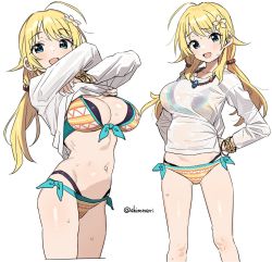 Rule 34 | 1girl, ahoge, bikini, bikini under clothes, blonde hair, blue eyes, bracelet, breasts, flower, hachimiya meguru, hair flower, hair ornament, hands on own hips, highres, idolmaster, idolmaster shiny colors, jewelry, large breasts, long hair, looking at viewer, low twintails, multicolored bikini, multicolored clothes, multiple views, necklace, open mouth, orange bikini, see-through, see-through shirt, shirt, shisoneri, simple background, smile, standing, swimsuit, thighs, twintails, twitter username, undressing, wet, wet clothes, wet shirt, white background, white shirt