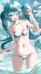 Rule 34 | 1girl, aqua bikini, aqua eyes, aqua hair, bikini, blue sky, breasts, cloud, day, gluteal fold, hair ornament, hatsune miku, highres, leaning to the side, long hair, looking at viewer, one eye closed, open mouth, outdoors, round teeth, shirubaa, sky, small breasts, smile, solo, striped bikini, striped clothes, swimsuit, teeth, twintails, upper teeth only, very long hair, vocaloid, water