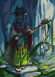 Rule 34 | 1girl, absurdres, apron, blue apron, brown footwear, covered face, day, doggo 1d34, dragon girl, dragon horns, dragon tail, facing viewer, fins, flower, full body, gohei, green hair, green skirt, grey shirt, head fins, highres, holding, holding gohei, horns, long skirt, long sleeves, mask, nature, nontraditional miko, original, outdoors, red ribbon, ribbon, rock, shirt, signature, skirt, solo, standing, straight-on, tabi, tail, tassel, toggles, wide sleeves