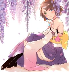 Rule 34 | 1girl, blue eyes, brown hair, closed mouth, detached sleeves, final fantasy, final fantasy x, green eyes, hair ornament, heterochromia, japanese clothes, looking at viewer, niwata0, short hair, smile, solo, yuna (ff10)