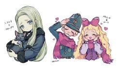 Rule 34 | 1boy, 2girls, ace attorney, animal, blonde hair, blue eyes, bow, cat, closed eyes, closed mouth, coat, couple, crescent, crescent earrings, earrings, fur trim, green headwear, hair bow, hands on own face, hat, heart, highres, holding, holding animal, holding cat, jewelry, long hair, long sleeves, looking at viewer, mouth hold, multiple girls, narumame, nikolina pavlova, open mouth, patricia beate, pink scarf, roly beate, salute, scarf, simple background, smile, standing, the great ace attorney, the great ace attorney: adventures, the great ace attorney 2: resolve, upper body, white background
