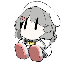 Rule 34 | 1girl, anchor symbol, black pantyhose, blue sailor collar, bow, bowtie, chibi, commentary request, double bun, dress, grey footwear, grey hair, hair bun, hair ornament, hairclip, hand on own foot, hat, kaiboukan no. 30 (kancolle), kantai collection, no mouth, pantyhose, sailor collar, sailor dress, sailor hat, shoes, short hair, simple background, sitting, solo, task (s task80), white background, white dress, white hat, yellow bow, yellow bowtie, | |