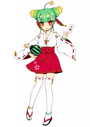 Rule 34 | 1girl, :o, ahoge, animal hair ornament, anklet, bad id, bad tinami id, bomb, bow, bracelet, braid, braided bun, breasts, carrying, carrying under arm, cleavage, double bun, explosive, food, fruit, green hair, hair bun, hair ornament, hakama, hakama short skirt, hakama skirt, highres, honihoni, japanese clothes, jewelry, kimono, large breasts, miko, nail polish, ofuda, original, red eyes, ribbon-trimmed legwear, ribbon-trimmed sleeves, ribbon trim, sandals, side slit, skirt, solo, standing, star-shaped pupils, star (symbol), suisui (honihoni), symbol-shaped pupils, tassel, thighhighs, watermelon, white background, white thighhighs, wide sleeves, zouri