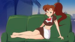 Rule 34 | 1girl, barefoot, bishoujo senshi sailor moon, breasts, brown hair, couch, feet, full body, gametimeasia, green eyes, half-closed eyes, highres, indoors, kino makoto, looking at viewer, maid, midriff, nipples, on couch, ponytail, sailor jupiter, see-through, smile, solo