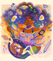Rule 34 | 1girl, artist name, bacon, bagel, banana, big hair, big nose, blue eyes, blue hair, border, bow, bracelet, bread slice, breasts, bunch of bananas, commentary, crouton, cup, curly hair, dark-skinned female, dark skin, earrings, egg (food), english commentary, food, food-themed earrings, food on hair, fried egg, frilled sleeves, frills, fruit, frying pan, geneva bowers, green bow, green mittens, green nails, hair bow, hair over one eye, holding, holding frying pan, jewelry, long hair, looking to the side, mittens, multicolored hair, nail polish, necklace, orange hair, original, outside border, oven mitts, pancake, parted lips, pearl necklace, pepper shaker, purple hair, purple lips, rolling pin, salt shaker, see-through, see-through sleeves, single mitten, smile, solo, spatula, star-shaped pupils, star (symbol), strawberry, symbol-shaped pupils, toast, upper body, very dark skin, waffle, watermark