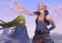 Rule 34 | 2boys, abs, androgynous, armor, bare shoulders, blonde hair, blue eyes, blue sky, blurry, blurry background, bracer, cropped jacket, day, depth of field, enkidu (fate), fate/grand order, fate (series), faulds, gem, gilgamesh, gilgamesh (caster) (fate), gilgamesh (fate), hair between eyes, hand on own hip, horns, jacket, jewelry, long hair, looking at viewer, male focus, multiple boys, open clothes, open jacket, outdoors, red eyes, robe, sky, standing, topless male, turban, whitem (whiteemperor2020)