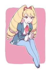 Rule 34 | 1girl, bad id, bad twitter id, badge, big hair, blonde hair, blue pantyhose, brown eyes, cuff links, drill hair, full body, juliet sleeves, leaning, legs together, long hair, long sleeves, luna platz (mega man), mega man (series), mega man star force, okiraku boy, own hands together, pantyhose, pink background, puffy sleeves, ribbon, simple background, sitting, smile, solo, twin drills, twintails