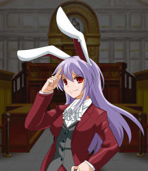 Rule 34 | 1girl, ace attorney, ace attorney investigations, animal ears, ascot, bad id, bad pixiv id, be (o-hoho), capcom, cosplay, courtroom, crossover, formal, light purple hair, long hair, miles edgeworth (cosplay), miles edgeworth, rabbit ears, red eyes, reisen udongein inaba, smile, solo, suit, touhou, upper body