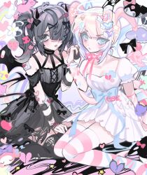 Rule 34 | &gt; &lt;, 2girls, ame-chan (needy girl overdose), angel, angel and devil, bare shoulders, black dress, black hair, black horns, black ribbon, black wings, blonde hair, blue bow, blue eyes, blue hair, blunt bangs, bow, breasts, broken heart, cat, chouzetsusaikawa tenshi-chan, cleavage, commentary, demon, demon horns, demon tail, demon wings, dress, dual persona, english commentary, fang, flower, food, fruit, grey eyes, hair ornament, hair over one eye, hair ribbon, halo, hand up, heart, heart hair ornament, highres, holding hands, horns, kuromi, long hair, looking at viewer, mokiette, multicolored hair, multiple girls, my melody, neck ribbon, needy girl overdose, onegai my melody, open mouth, pill, pink hair, pink ribbon, polar opposites, puffy short sleeves, puffy sleeves, quad tails, ribbon, sanrio, short sleeves, sitting, small breasts, strawberry, striped clothes, striped thighhighs, symmetrical pose, tail, thighhighs, twintails, very long hair, wariza, white dress, white flower, wings, x hair ornament, yami kawaii