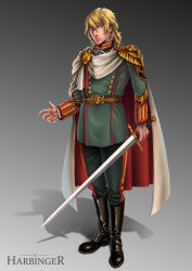 Rule 34 | 1boy, absurdres, blonde hair, blue eyes, boots, cape, cloak, closed mouth, darun khanchanusthiti, full body, glaring, gradient background, green jacket, green pants, highres, jacket, male focus, medallion, military, military uniform, pants, simple background, solo, striped, sword, uniform, weapon