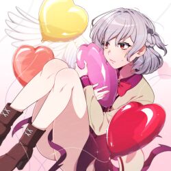 1girl absurdres balloon boots brown_footwear commission dress grey_hair heart_balloon highres holding holding_balloon kamenozoki_momomo kishin_sagume long_sleeves puffy_long_sleeves puffy_sleeves purple_dress red_eyes short_hair single_wing skeb_commission solo thighs touhou wings