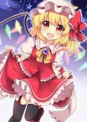 Rule 34 | 1girl, :d, blonde hair, clothes lift, collared shirt, fang, flandre scarlet, frilled skirt, frills, garter straps, hat, highres, mary janes, mob cap, open mouth, orange eyes, puffy short sleeves, puffy sleeves, ruhika, shirt, shoes, short hair, short sleeves, side ponytail, skirt, skirt hold, skirt lift, smile, solo, star (symbol), thighhighs, touhou, vest, wings, wrist cuffs