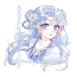 Rule 34 | 1girl, absurdres, bad source, blue eyes, blue hair, braid, chinese clothes, chuanhe duanduanzi, closed mouth, double bun, english text, flower, hair bun, hair flower, hair ornament, hair rings, highres, jewelry, long hair, looking at viewer, original, qixiong ruqun, smile, solo, upper body, white background
