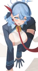 Rule 34 | 1girl, absurdres, ako (blue archive), all fours, ao tsukushi, bell, black skirt, blue archive, blue eyes, blue gloves, blue hair, blue jacket, blue thighhighs, blush, breasts, cowbell, gloves, hairband, halo, highres, jacket, large breasts, leash, long sleeves, looking at viewer, neck bell, open mouth, pencil skirt, sideboob, skirt, solo, thighhighs