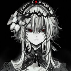 Rule 34 | 1girl, black background, closed mouth, crown of thorns, feather hair ornament, feathers, flower, gem, genshin impact, gnostic chorus princess, hair flower, hair ornament, highres, limited palette, looking to the side, lumine (genshin impact), red eyes, red gemstone, short hair with long locks, simple background, solo, thorns, umiushi u, upper body, white flower