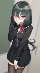 Rule 34 | 1girl, absurdres, black jacket, black thighhighs, blazer, blurry, blurry background, blush, buttons, closed mouth, cowboy shot, green hair, hair between eyes, hand on own cheek, hand on own face, highres, jacket, long hair, long sleeves, nose blush, original, pleated skirt, red eyes, sayano (yakob labo), school uniform, skirt, smile, solo, thighhighs, yakob labo
