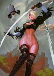 Rule 34 | 1girl, absurdres, black footwear, black hairband, blue eyes, blurry, boots, breasts, cleavage, cleavage cutout, clothing cutout, cum, cum on body, cum on lower body, depth of field, feather-trimmed sleeves, floating object, floating sword, floating weapon, from below, hair over one eye, hairband, he xiao heng, highres, holding, holding sword, holding weapon, large breasts, long sleeves, mole, mole under mouth, navel, nier (series), nier:automata, nipples, no blindfold, one breast out, pink lips, pod (nier:automata), pussy, silver hair, soft focus, solo, sword, thighhighs, thighhighs under boots, torn boots, torn clothes, torn thighhighs, uncensored, vambraces, weapon, weapon on back, 2b (nier:automata)