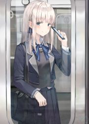 Rule 34 | 1girl, bag, black jacket, black skirt, blazer, blue bow, blue eyes, blush, bow, cellphone, closed mouth, collared shirt, colored eyelashes, commentary, commentary request, dress shirt, from outside, hand grip, hand up, highres, holding, holding phone, jacket, long hair, looking at viewer, open clothes, open jacket, original, phone, pleated skirt, ruda (ruda e), school bag, school uniform, shirt, silver hair, skirt, smile, solo, sweater vest, train interior, white shirt