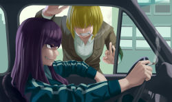 Rule 34 | 2girls, alice margatroid, alternate costume, blazer, blonde hair, blue jacket, brown jacket, car interior, cigarette, clenched teeth, closed mouth, commentary request, cookie (touhou), grand theft auto, grand theft auto: san andreas, grand theft auto iv, hair over eyes, highres, jacket, jigen (cookie), long hair, looking at another, megafaiarou (talonflame 810), multiple girls, ok sign, patchouli knowledge, purple eyes, purple hair, shirt, short hair, sitting, smile, smoking, standing, taisa (cookie), teeth, touhou, track suit, upper body, white shirt