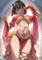 Rule 34 | 1girl, ;d, arm up, black hair, breasts, breasts apart, circlet, cowboy shot, dancer, earrings, gold trim, hand up, head tilt, highleg, highres, jewelry, large breasts, looking at viewer, midriff, nail polish, navel, one eye closed, open mouth, original, pelvic curtain, red eyes, revealing clothes, short hair, smile, solo, standing, stomach, suzuame yatsumi, thighs