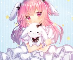 Rule 34 | 1girl, animal ears, black bow, blush, bow, closed mouth, commentary request, dress, hair between eyes, hair bow, heart, kohaku muro, layered dress, long hair, looking at viewer, hugging object, original, pink eyes, pink hair, pleated dress, puffy short sleeves, puffy sleeves, rabbit ears, short sleeves, smile, solo, star (symbol), striped, striped background, stuffed animal, stuffed rabbit, stuffed toy, vertical stripes, very long hair, white dress, wrist cuffs