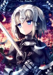 Rule 34 | 1girl, armor, armored dress, blue eyes, breasts, burning, chain, commentary request, fate (series), feathers, fire, gauntlets, hair ornament, headpiece, holding, holding sword, holding weapon, jeanne d&#039;arc (fate), jeanne d&#039;arc (ruler) (fate), looking to the side, medium breasts, short hair, silver hair, sky, solo, star (symbol), sword, tearing up, teeth, tranquillianusmajor, translation request, upper body, weapon, white feathers