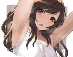 Rule 34 | 1girl, :o, armpits, arms up, bare shoulders, breasts, brown eyes, brown hair, camisole, cleavage, idolmaster, idolmaster shiny colors, long hair, looking at viewer, medium breasts, open mouth, shirt, sleeveless, sleeveless shirt, solo, spaghetti strap, sunaba suzume, sweat, tsukioka kogane, two-tone background, upper body, white shirt