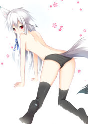 Rule 34 | 1girl, all fours, animal ears, ass, back, black panties, blush, breasts, ear down, embarrassed, feet, floral background, fox ears, fox tail, from behind, frown, hair between eyes, hair ornament, highres, horomasa, long hair, looking at viewer, looking back, medium breasts, original, panties, red eyes, slit pupils, solo, tail, thighhighs, thighs, topless, underwear, white hair