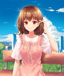 Rule 34 | 1girl, absurdres, arttsam, bench, brown hair, closed mouth, day, dress, facing viewer, hand in own hair, highres, looking at viewer, medium hair, original, outdoors, park bench, pink dress, red eyes, scenery, shirt, sitting, smile, solo, white shirt