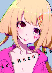 Rule 34 | &gt;:), 1girl, blonde hair, blue background, blunt bangs, breasts, character name, chromatic aberration, cleavage, close-up, closed mouth, collarbone, eyes visible through hair, facial mark, futaba anzu, hair ornament, hair tie, hairclip, head tilt, idolmaster, idolmaster cinderella girls, jacket, long hair, low twintails, pink jacket, ratsuku kinoko, small breasts, smirk, solo, tongue, tongue out, triangle, twintails, v-shaped eyebrows, yellow eyes